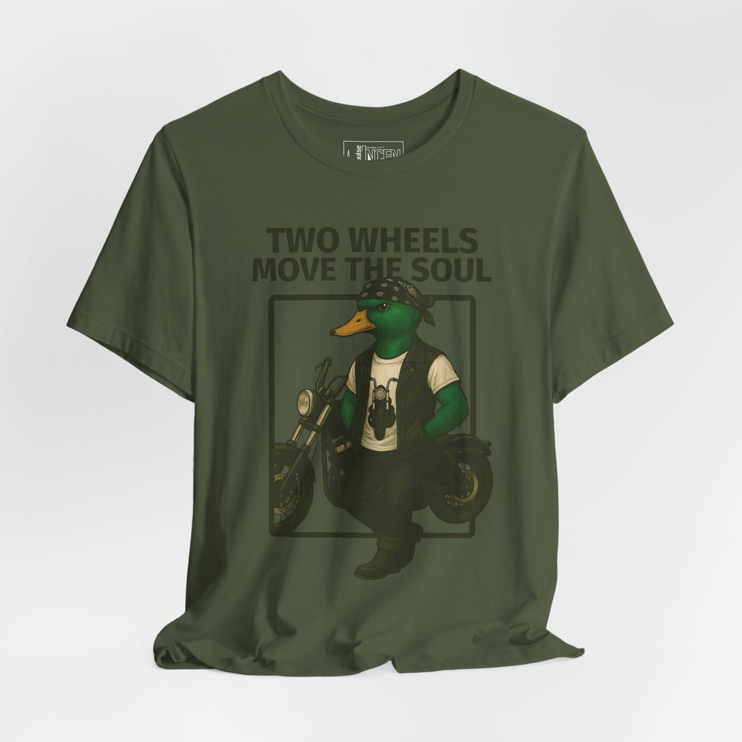 Military Green Motorcycle Duck T-shirt front view with anthropomorphic mallard duck graphic