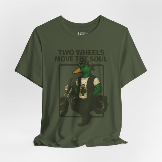 Military Green Motorcycle Duck T-shirt front view with anthropomorphic mallard duck graphic