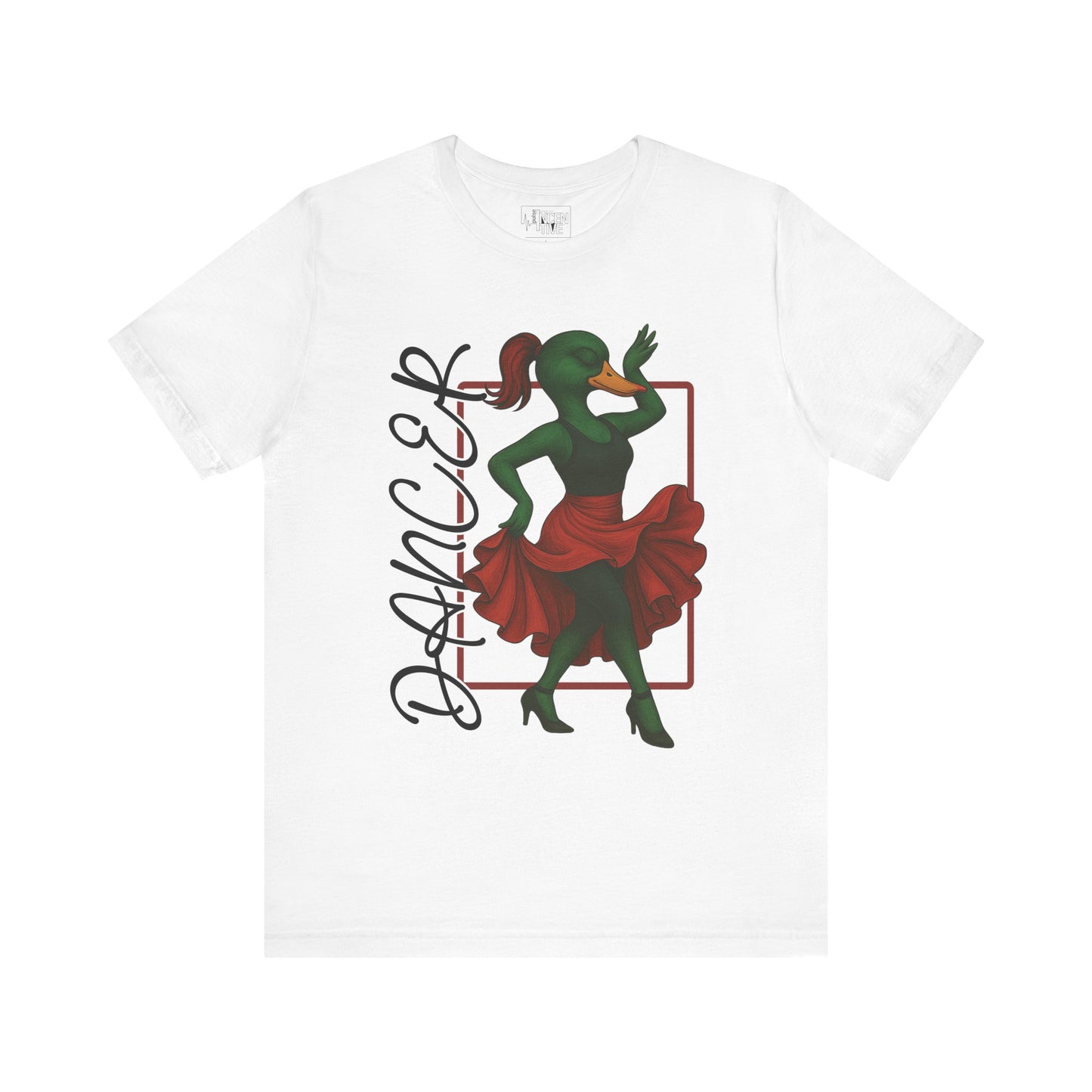 White Dancer She Duck T-shirt front view with anthropomorphic mallard duck graphic