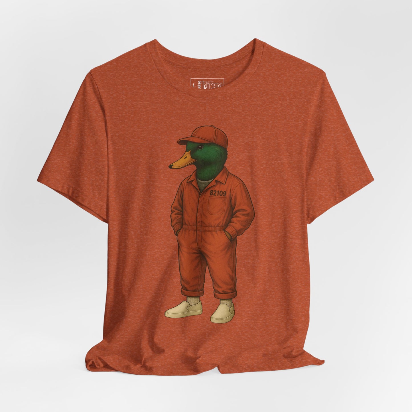 Autumn Inmate Duck T-shirt front view with anthropomorphic mallard duck graphic