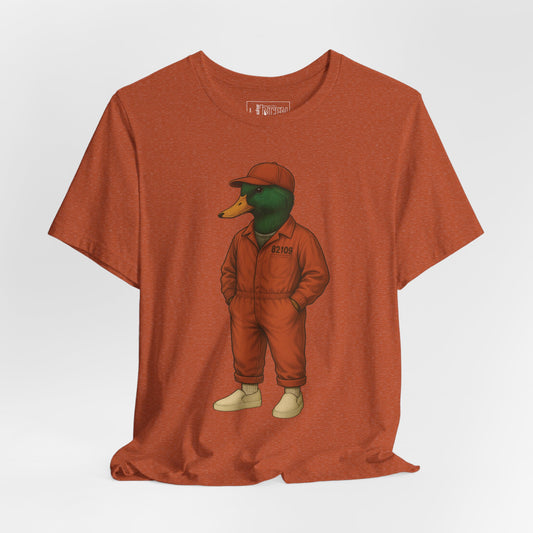 Autumn Inmate Duck T-shirt front view with anthropomorphic mallard duck graphic