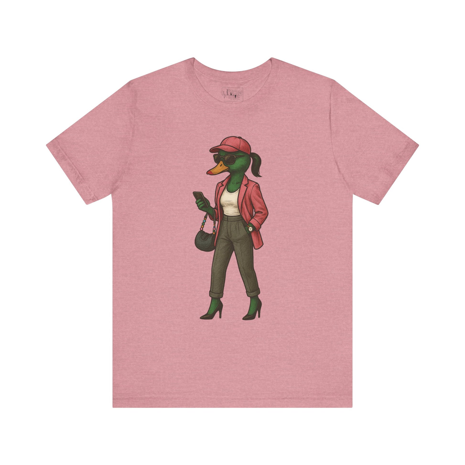 Orchid Fashionista She Duck T-shirt front view with anthropomorphic mallard duck graphic