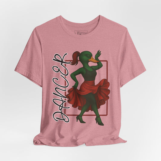 Orchid Dancer She Duck T-shirt front view with anthropomorphic mallard duck graphic