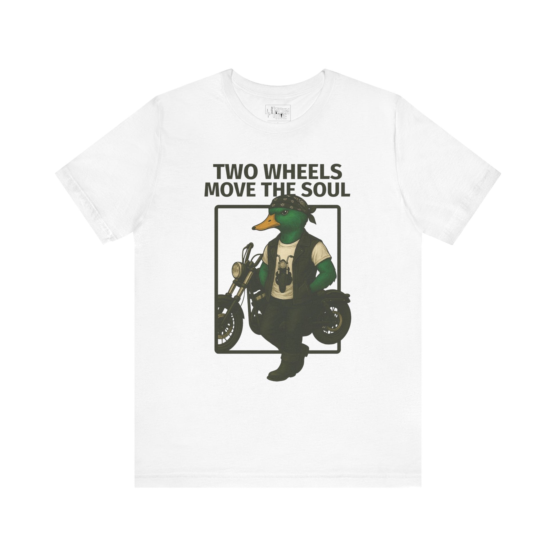 White Motorcycle Duck T-shirt front view with anthropomorphic mallard duck graphic