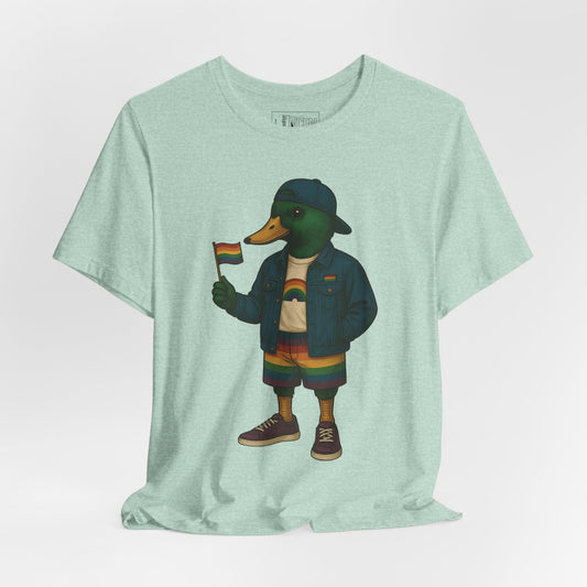 Mint Pride Duck LGBTQ+ T-shirt front view with rainbow outfit and Pride flag graphic