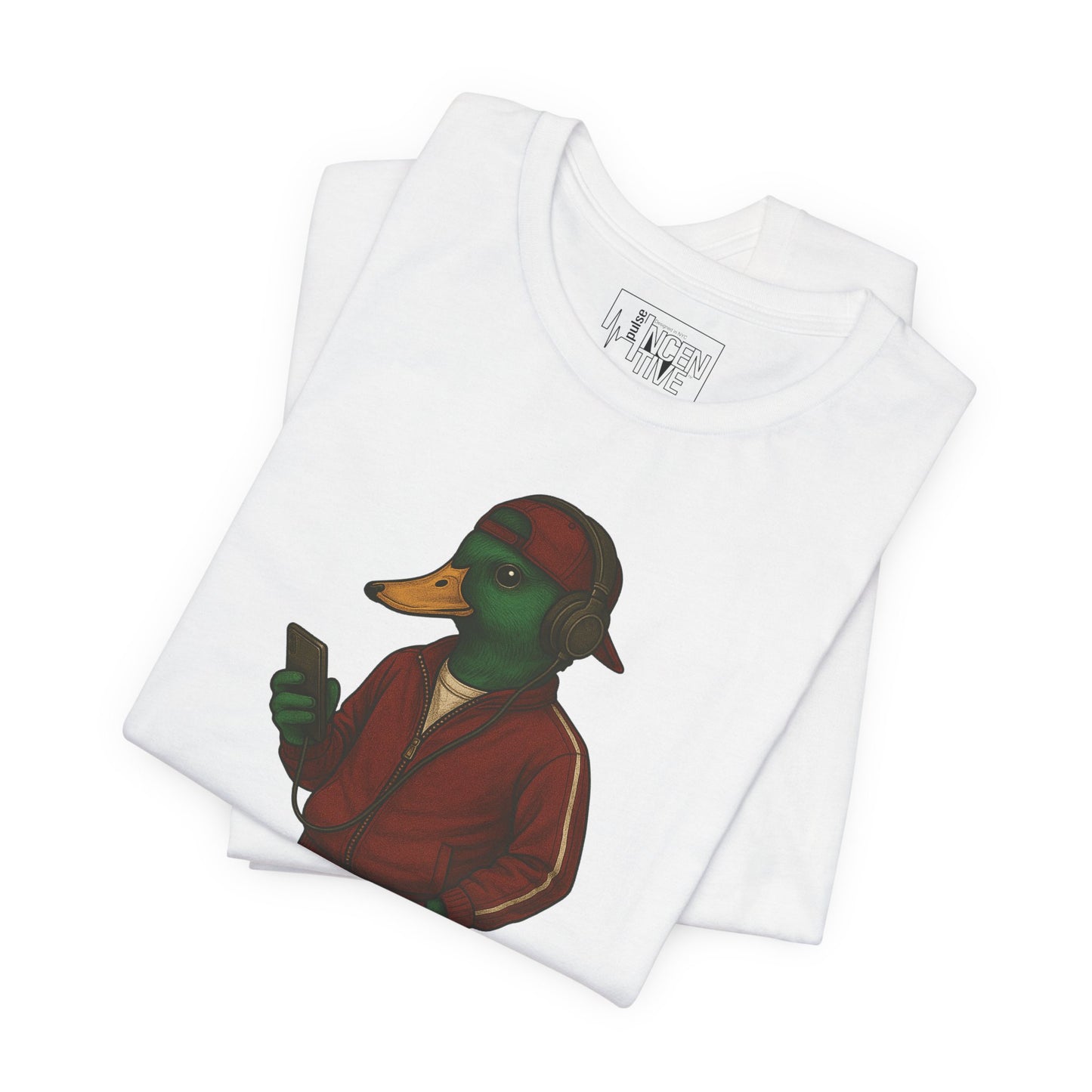 White Tracksuit Duck T-shirt folded view with anthropomorphic mallard duck graphic