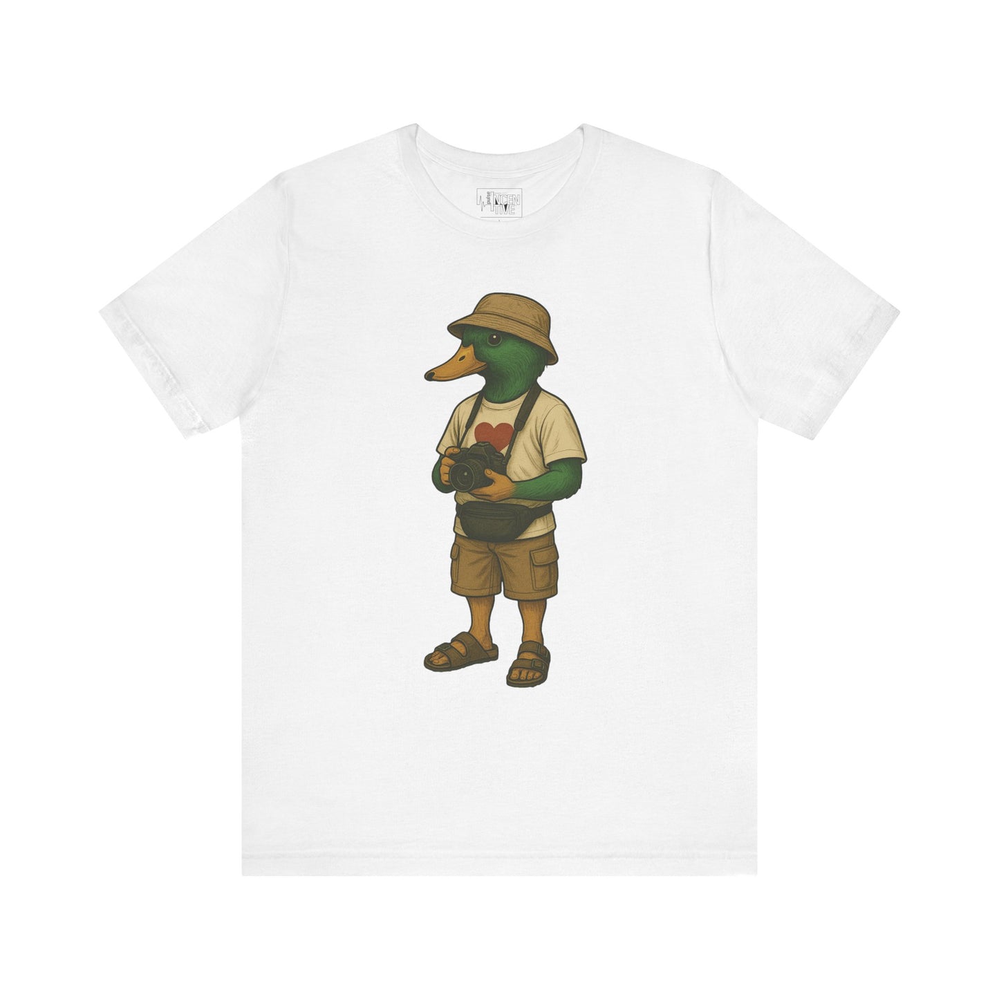 White Tourist Duck T-shirt front view with anthropomorphic mallard duck graphic