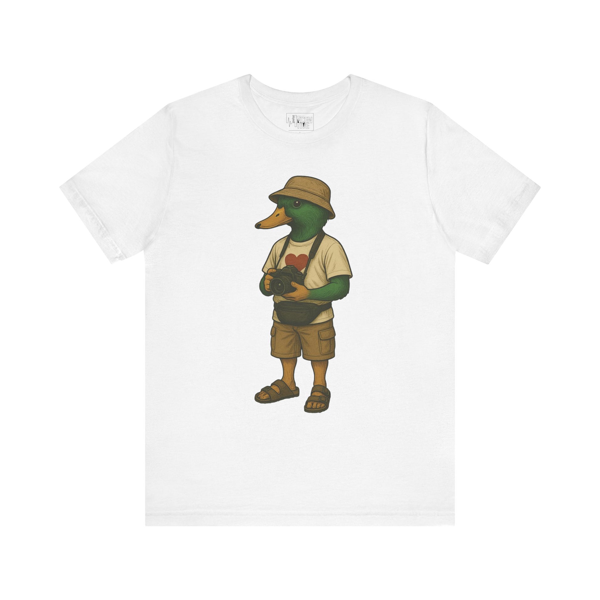 White Tourist Duck T-shirt front view with anthropomorphic mallard duck graphic