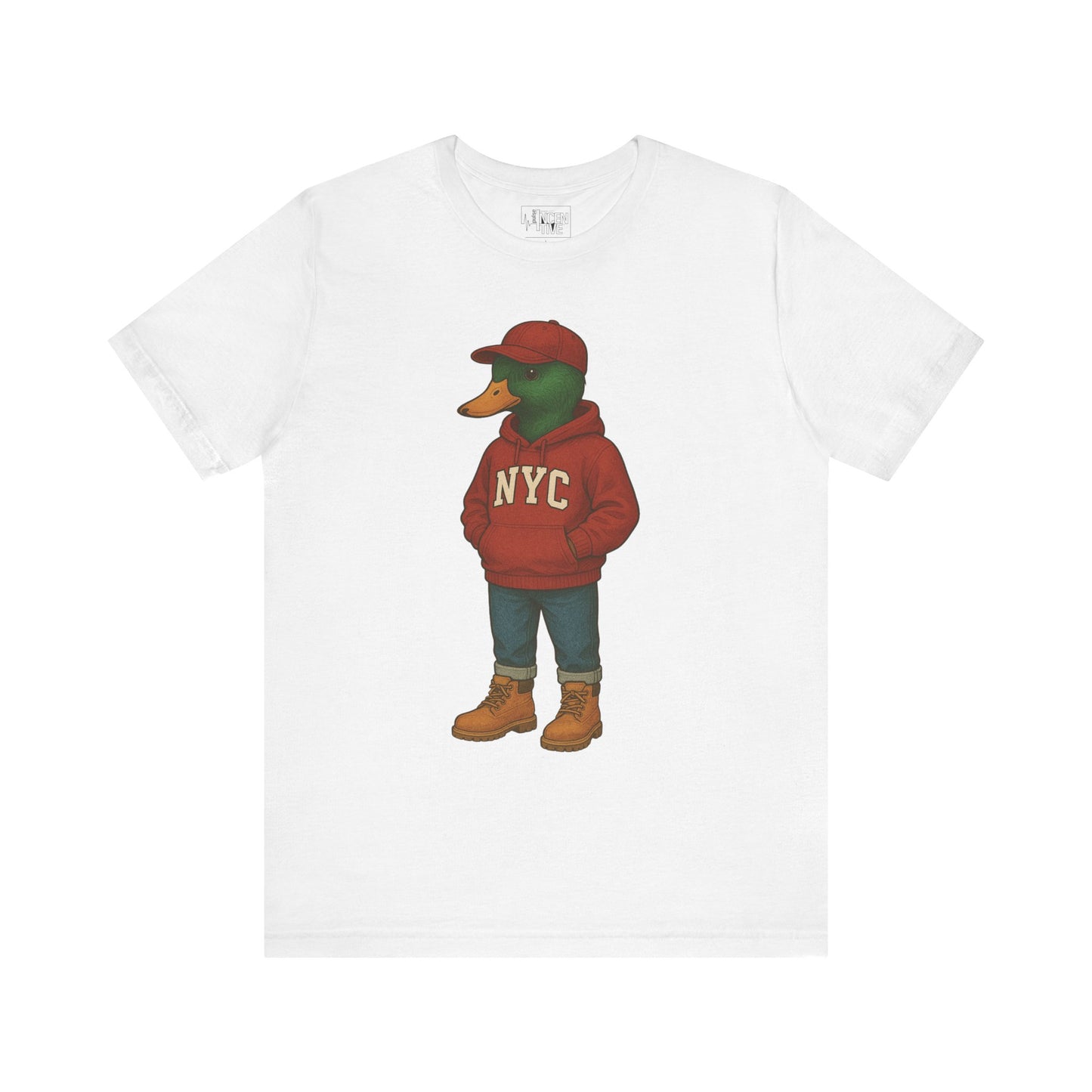 White NYC Duck T-shirt front view with anthropomorphic mallard duck graphic