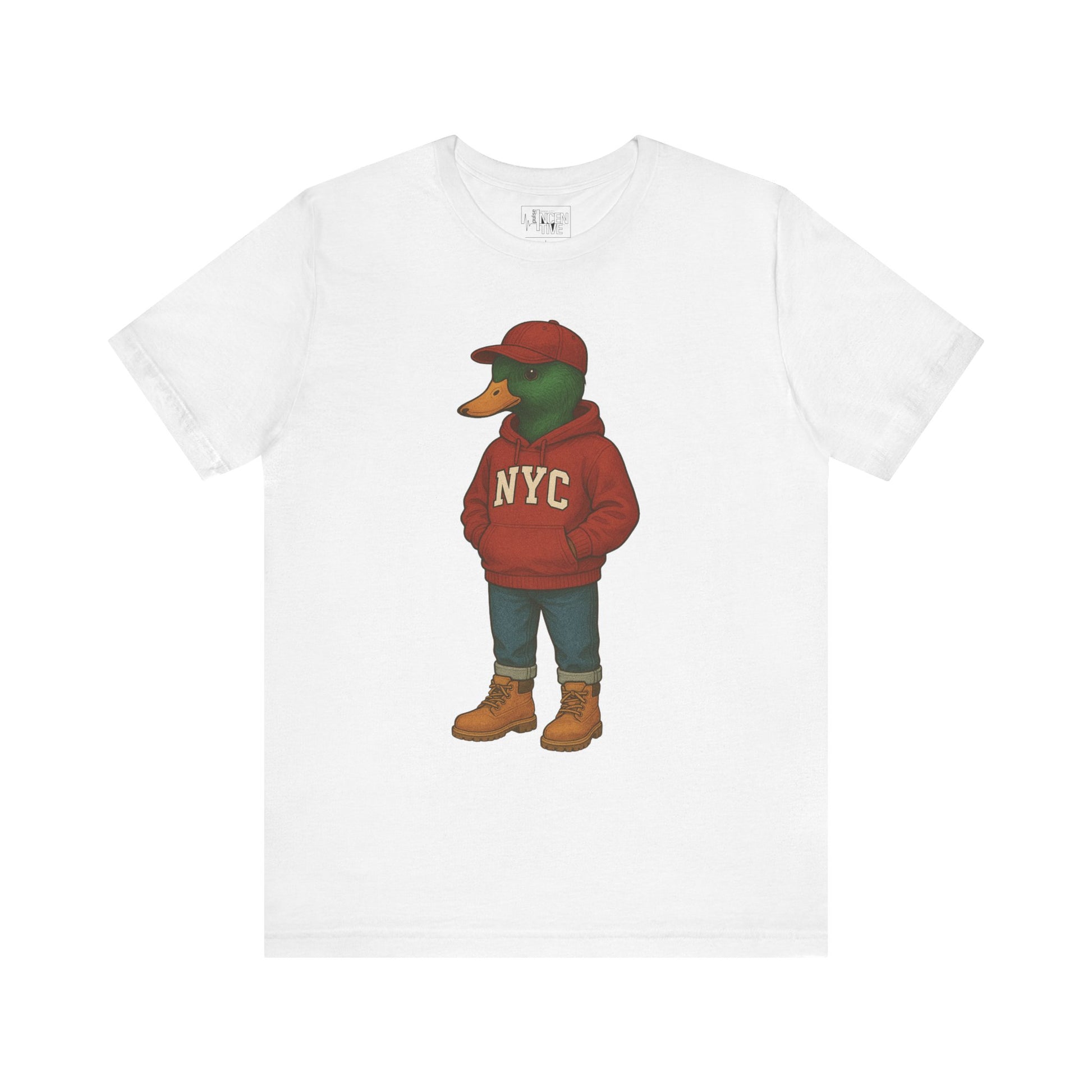 White NYC Duck T-shirt front view with anthropomorphic mallard duck graphic