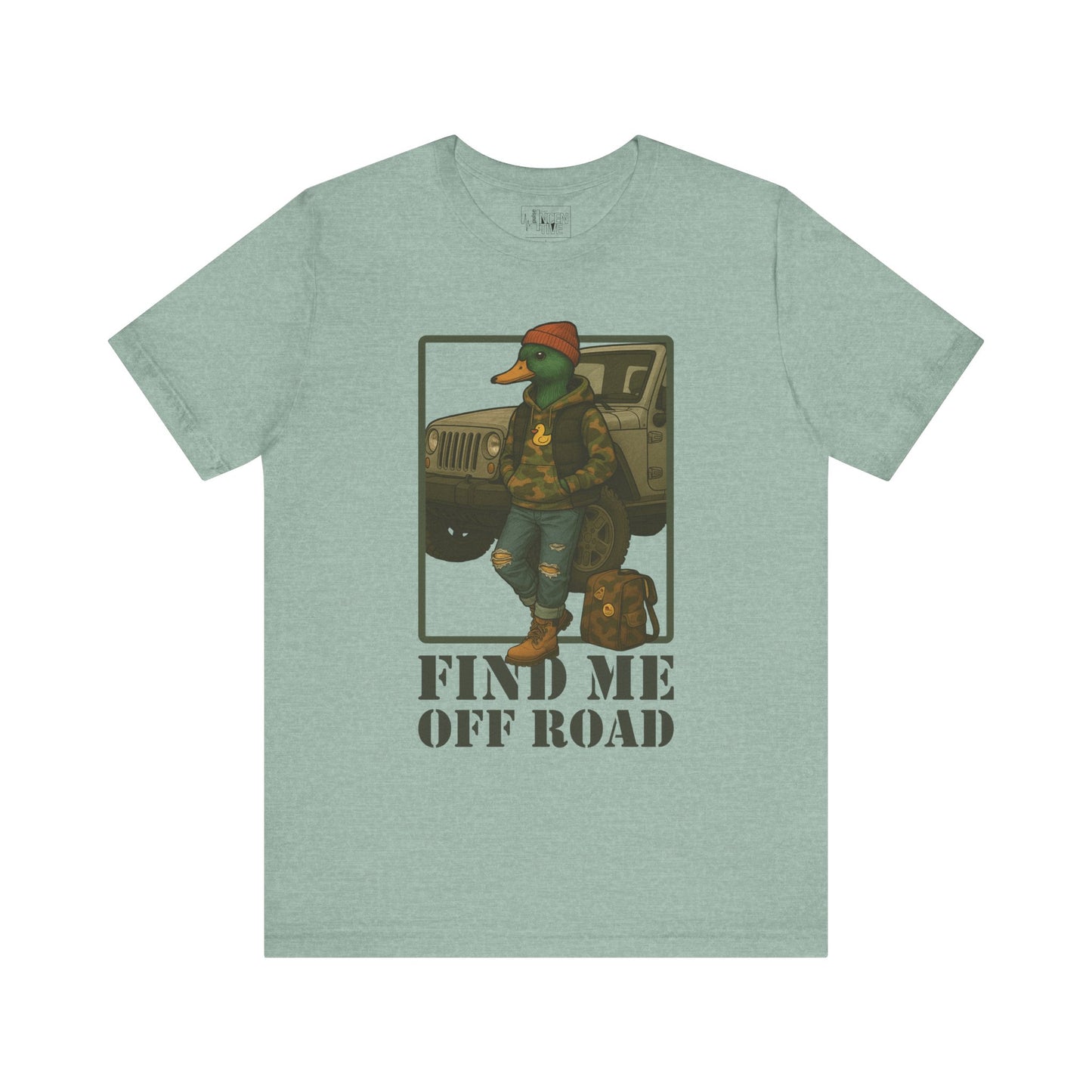 Prism Blue Off Road Duck T-shirt front view with anthropomorphic mallard duck graphic