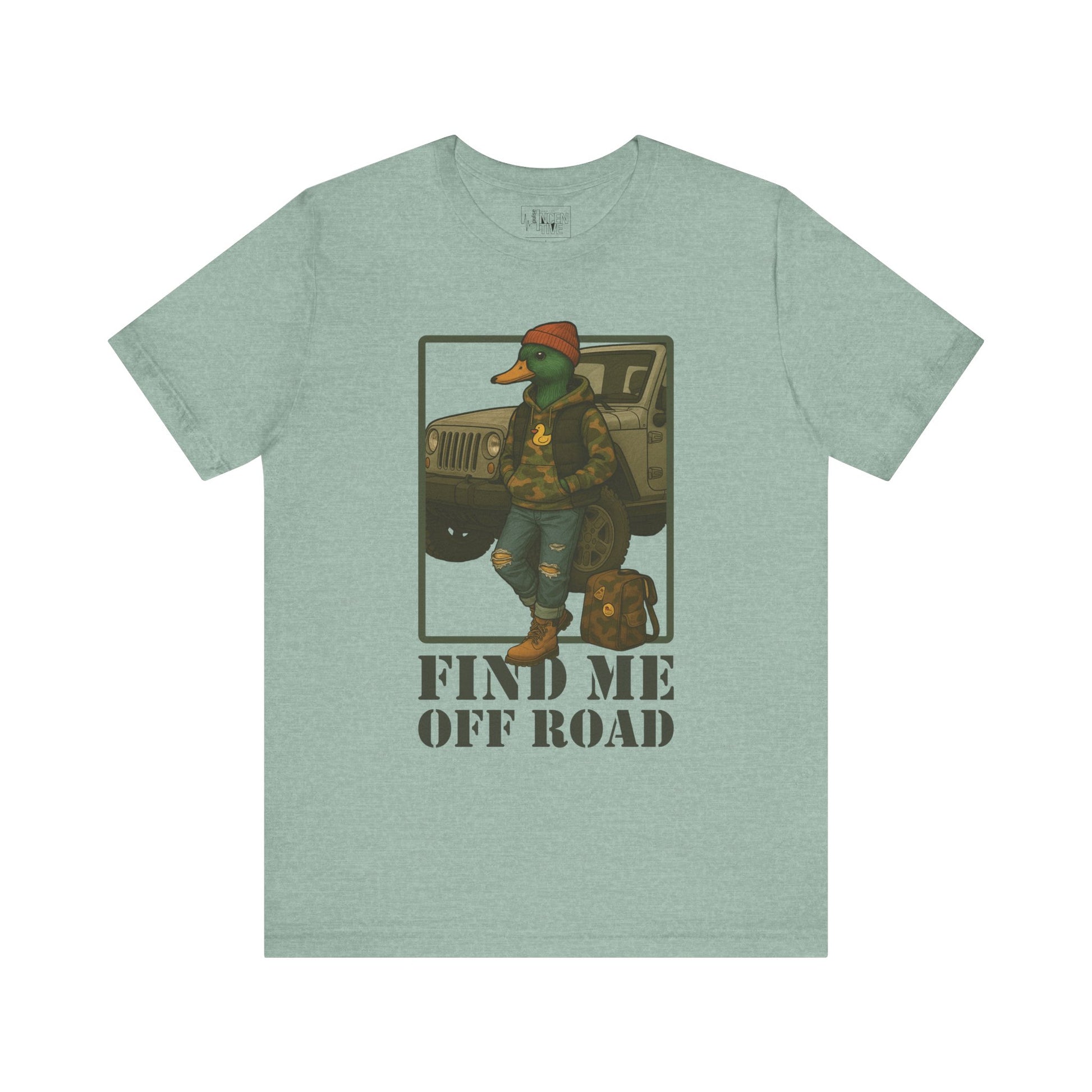 Prism Blue Off Road Duck T-shirt front view with anthropomorphic mallard duck graphic