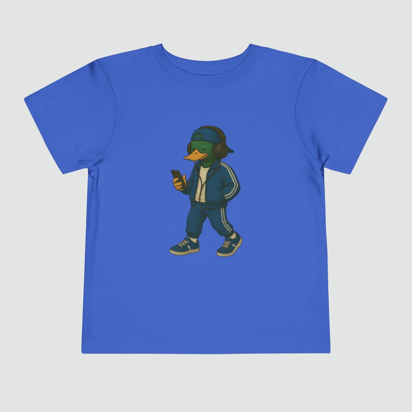 Royal Tracksuit Duck Toddler T-shirt front view with anthropomorphic mallard duck graphic