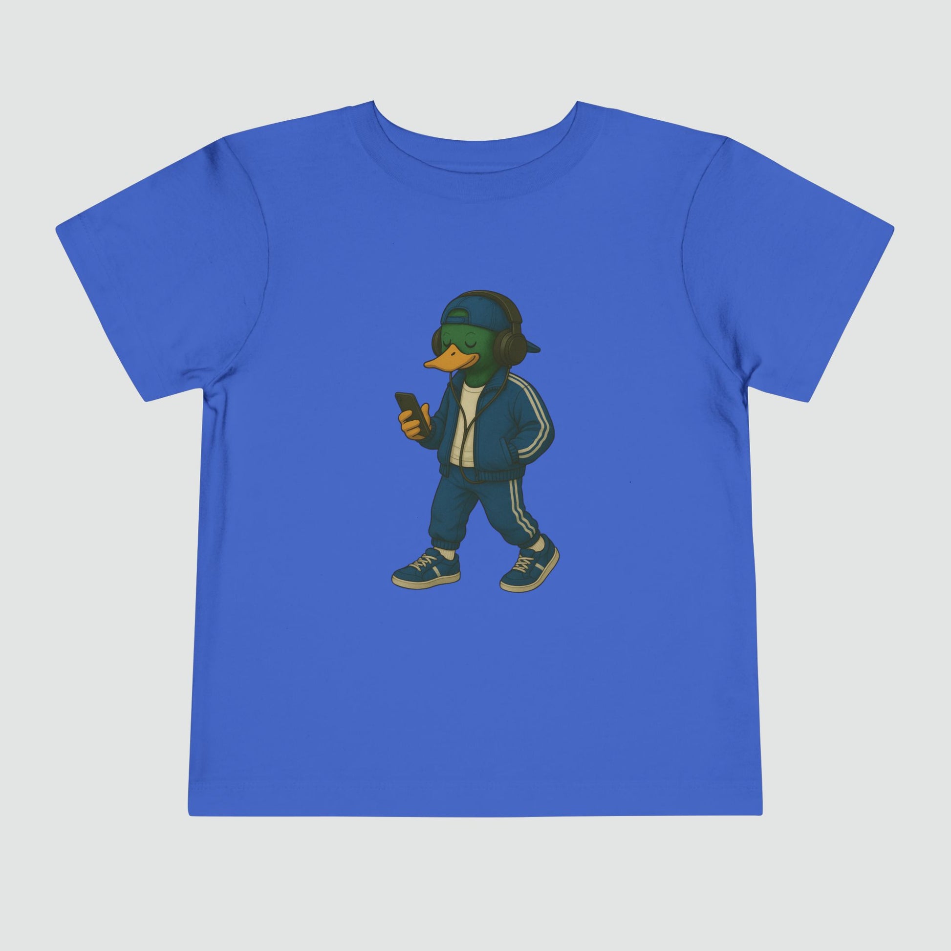 Royal Tracksuit Duck Toddler T-shirt front view with anthropomorphic mallard duck graphic