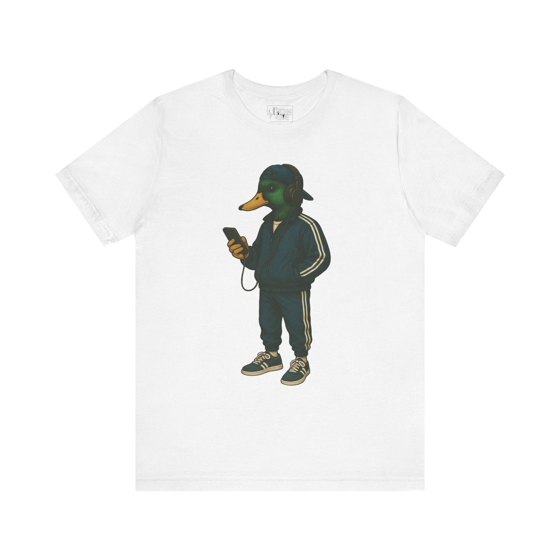 White Tracksuit Duck T-shirt front view with anthropomorphic mallard duck graphic