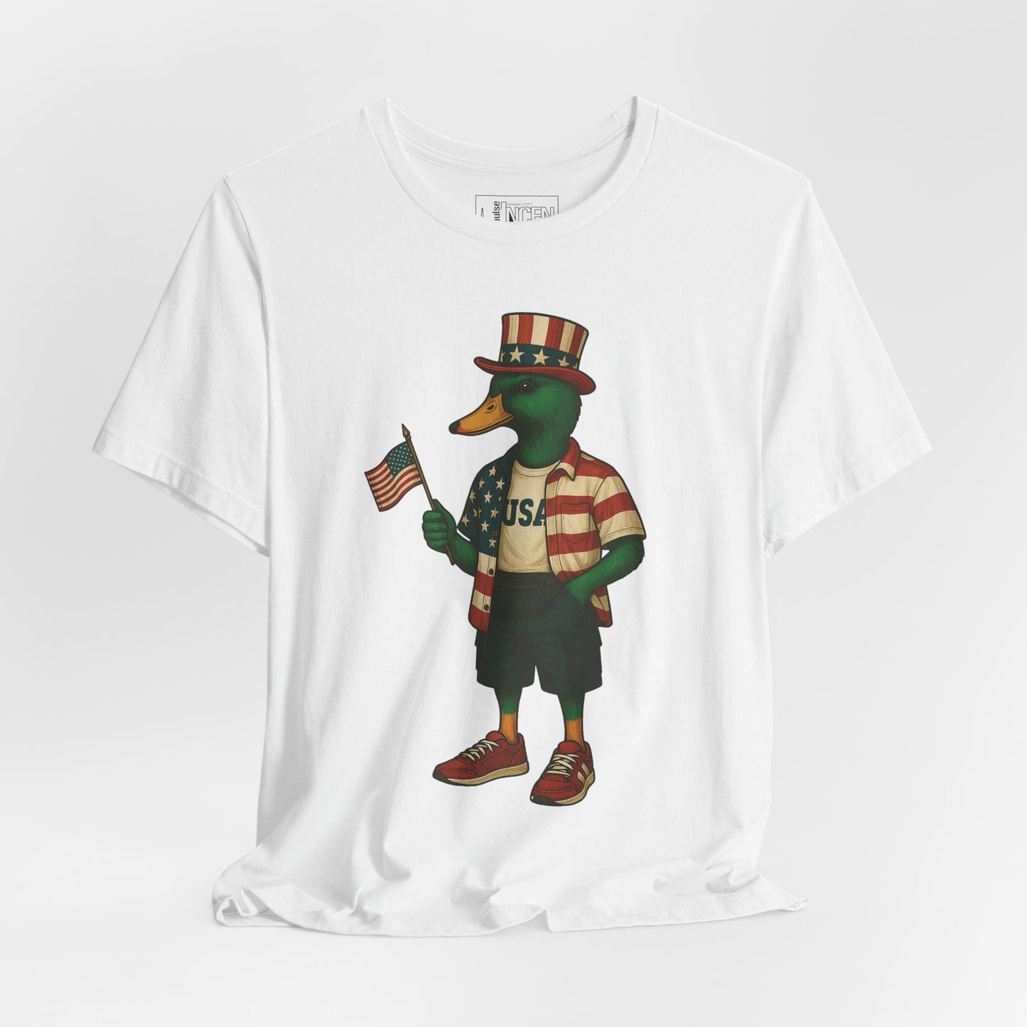White USA Duck T-shirt front view with anthropomorphic mallard duck graphic