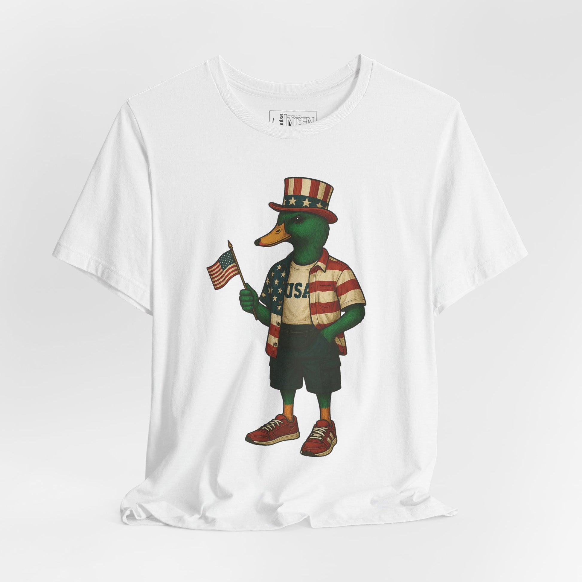 White USA Duck T-shirt front view with anthropomorphic mallard duck graphic