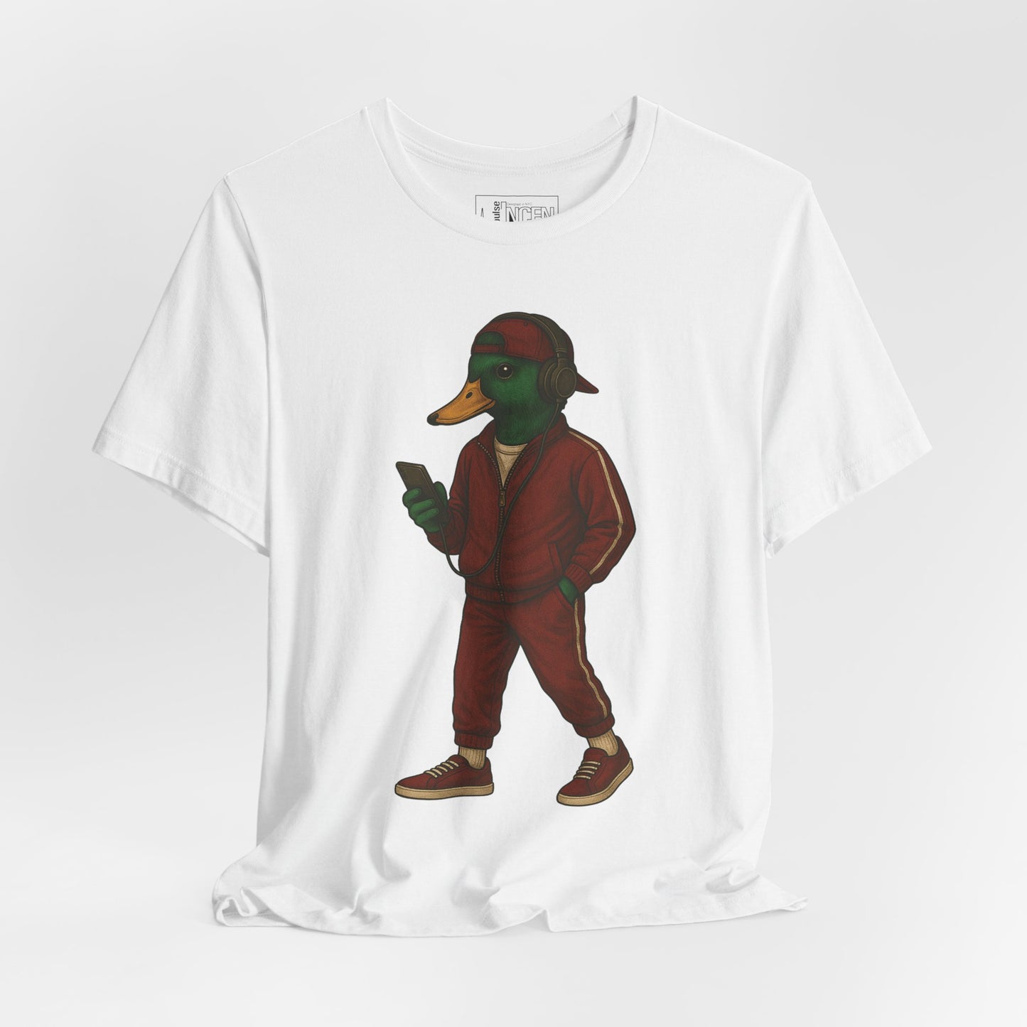 White Tracksuit Duck T-shirt front view with anthropomorphic mallard duck graphic