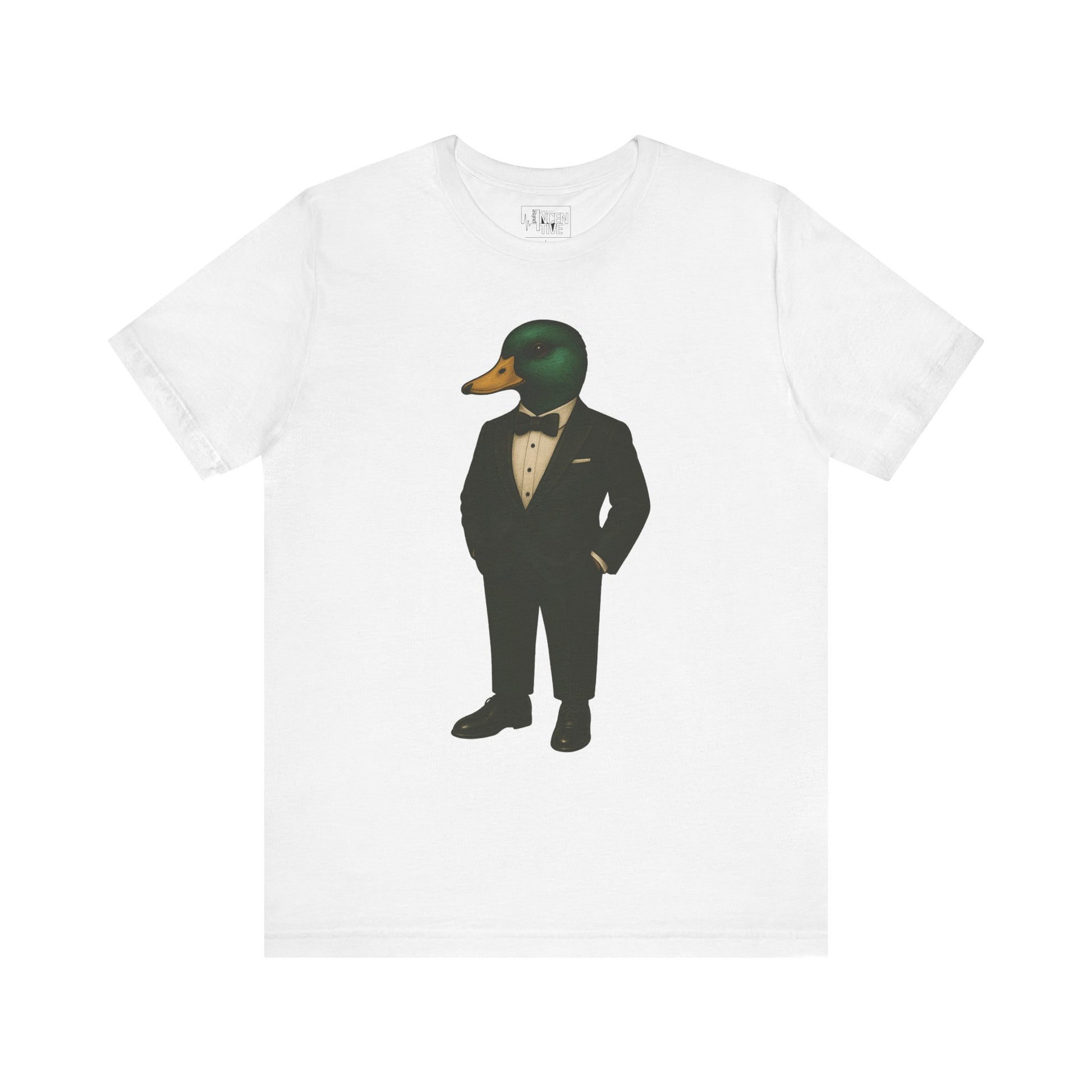 White Dapper Duck T-shirt front view with anthropomorphic mallard duck graphic