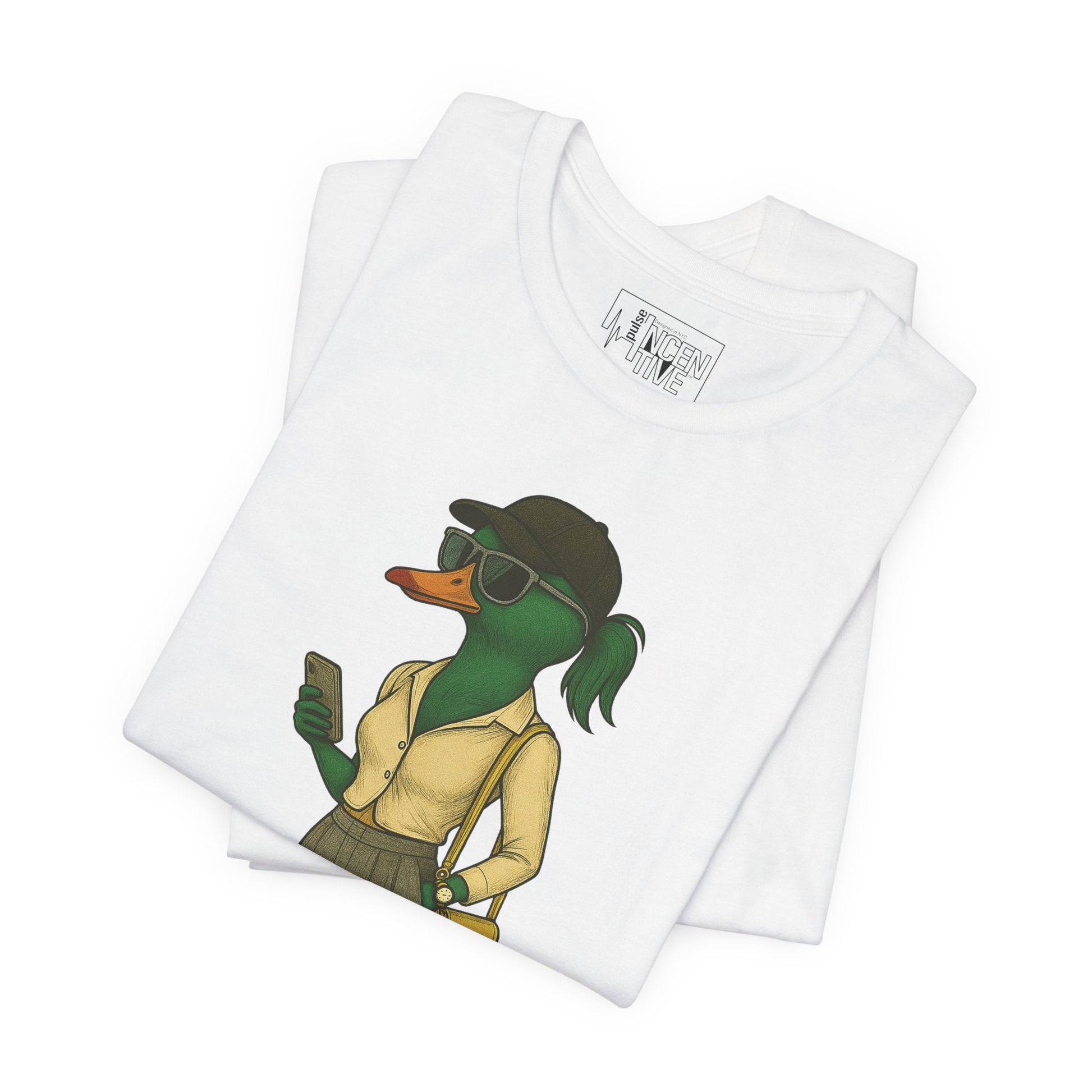 White Hipster She Duck T-shirt folded view with anthropomorphic mallard duck graphic