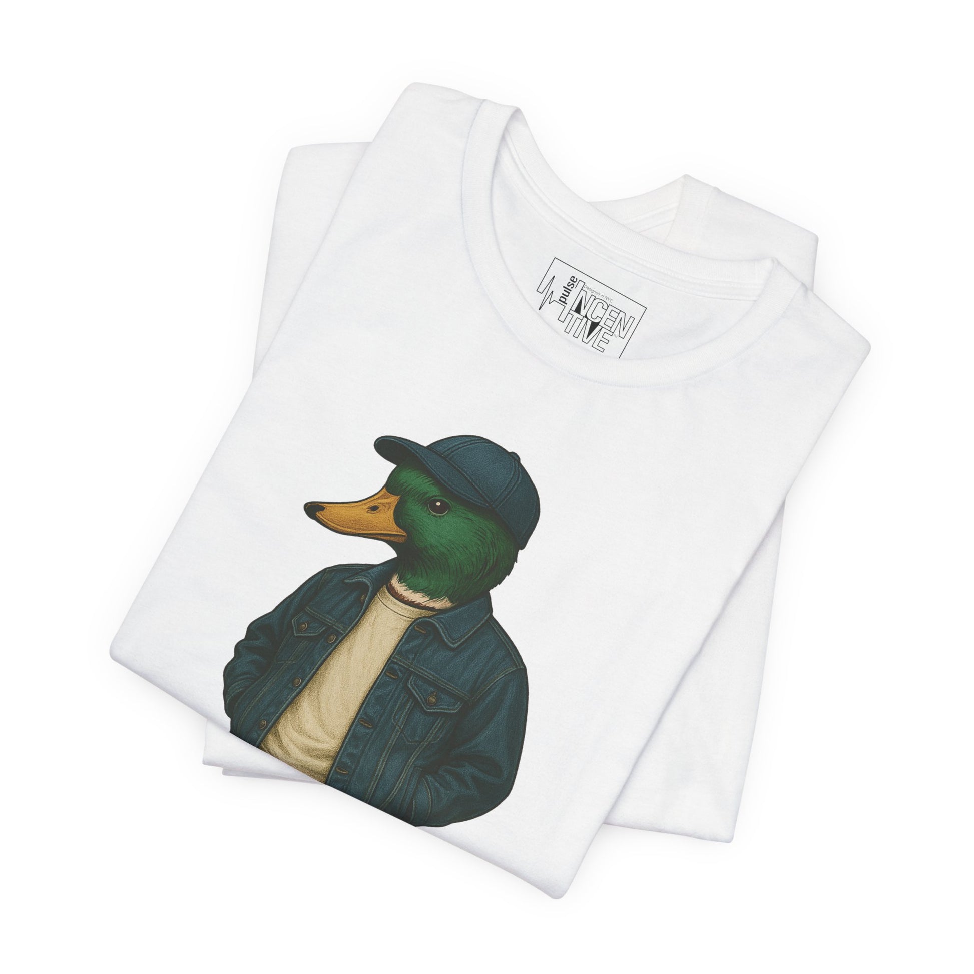 White Denim Duck T-shirt folded view with anthropomorphic mallard duck graphic