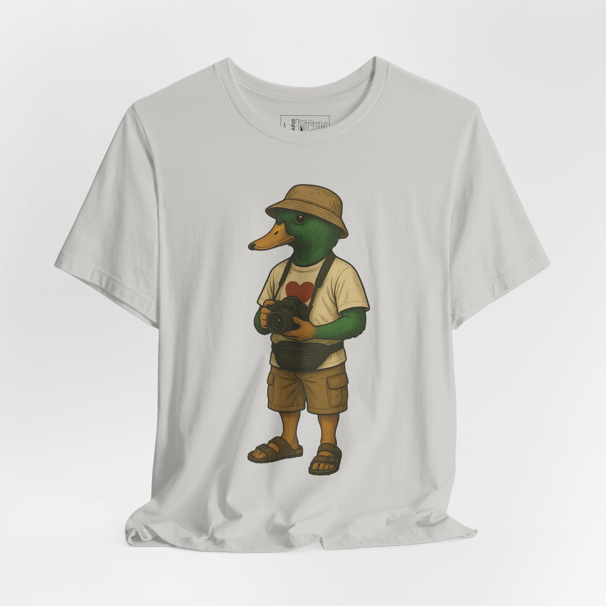 Silver Tourist Duck T-shirt front view with anthropomorphic mallard duck graphic