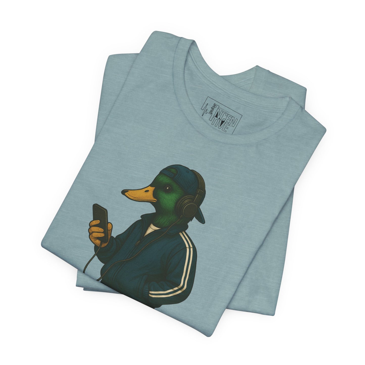 Blue Lagoon Tracksuit Duck T-shirt folded view with anthropomorphic mallard duck graphic