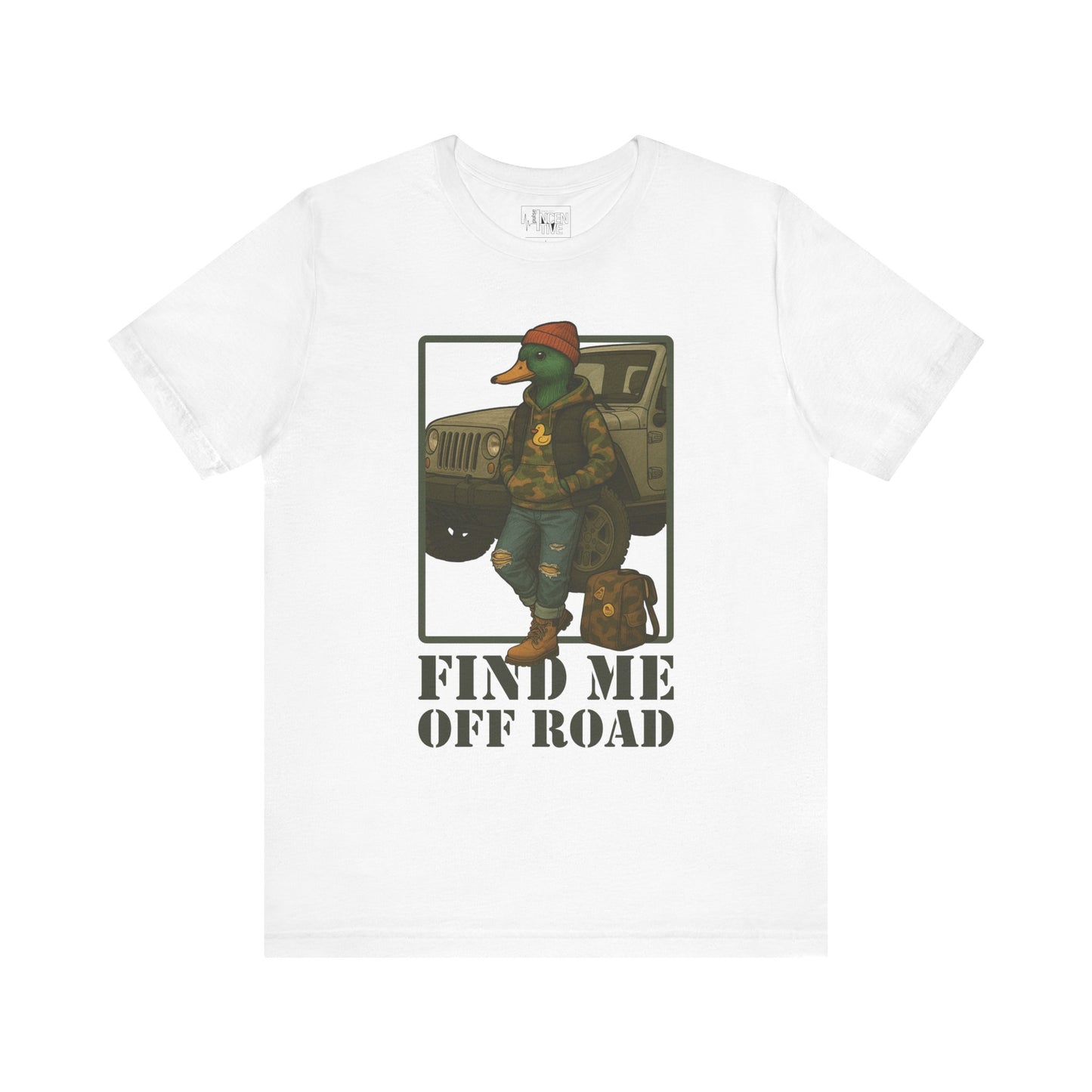 White Off Road Duck T-shirt front view with anthropomorphic mallard duck graphic