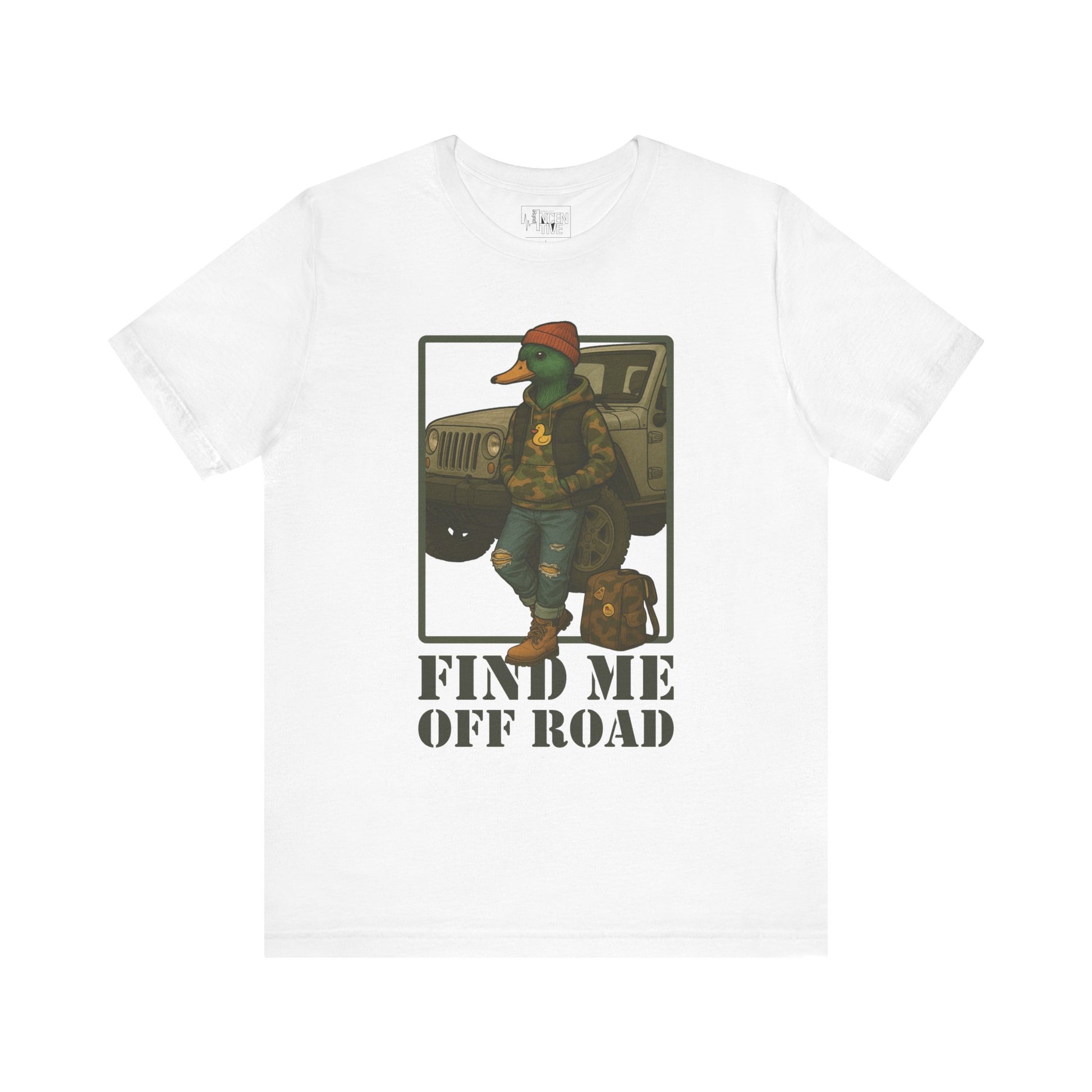 White Off Road Duck T-shirt front view with anthropomorphic mallard duck graphic