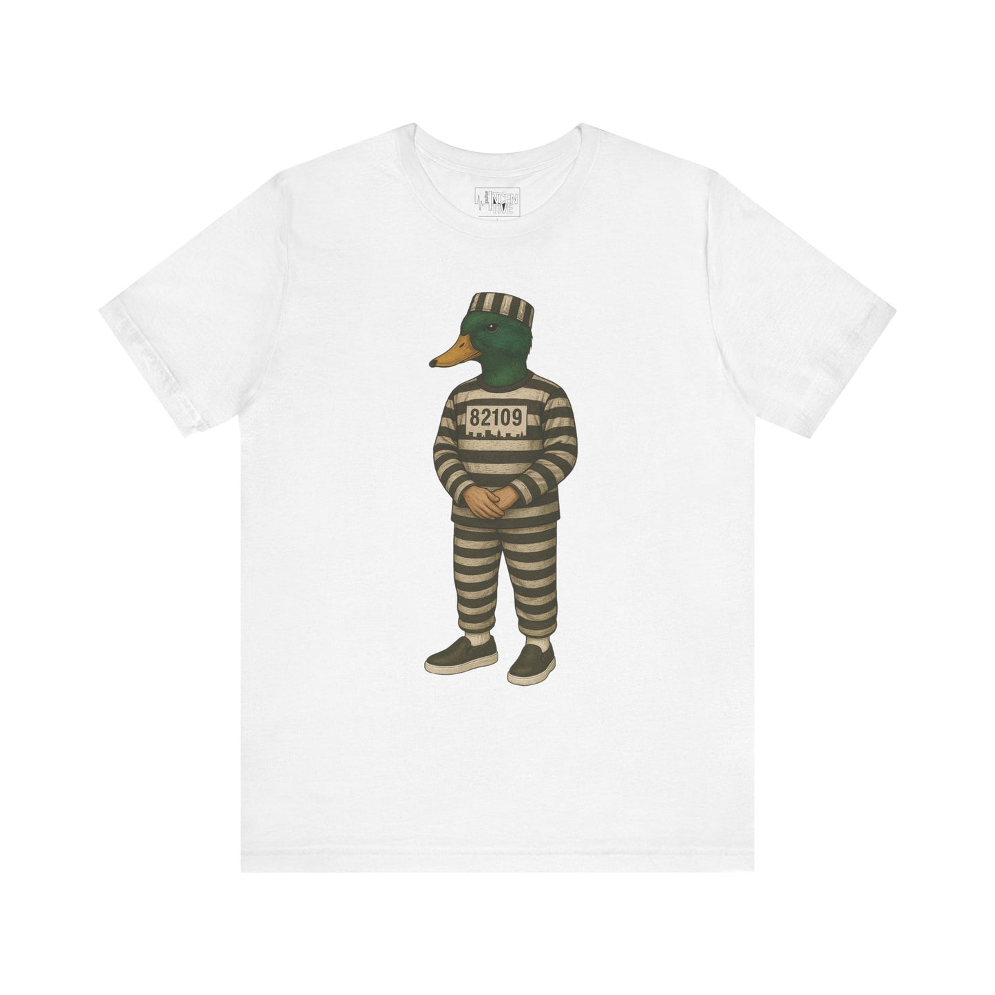 White Prison Duck T-shirt front view with anthropomorphic mallard duck graphic