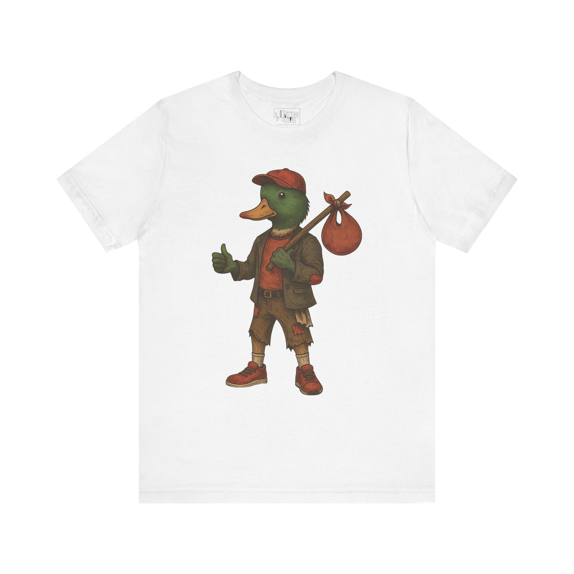 White No Luck Duck T-shirt front view with anthropomorphic mallard duck graphic